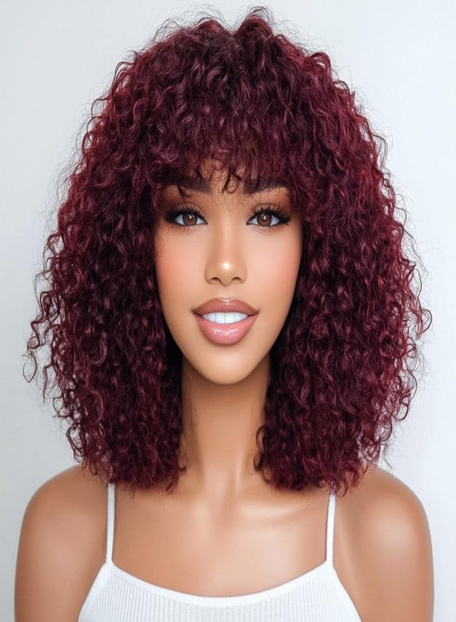 JOEDIR HAIR Wig Human Hair Wigs for Black Women Wear and Go Afro Curly Bob Wig with Bangs 12 Inches Water Wave Glueless Wigs 250% Density (99J / Burgundy) - Image 1